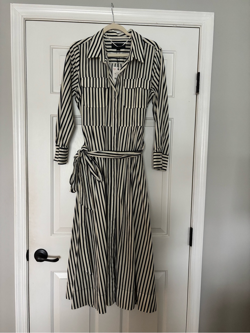 Zara Black and White Striped Midi Shirt Dress with Waist Tie